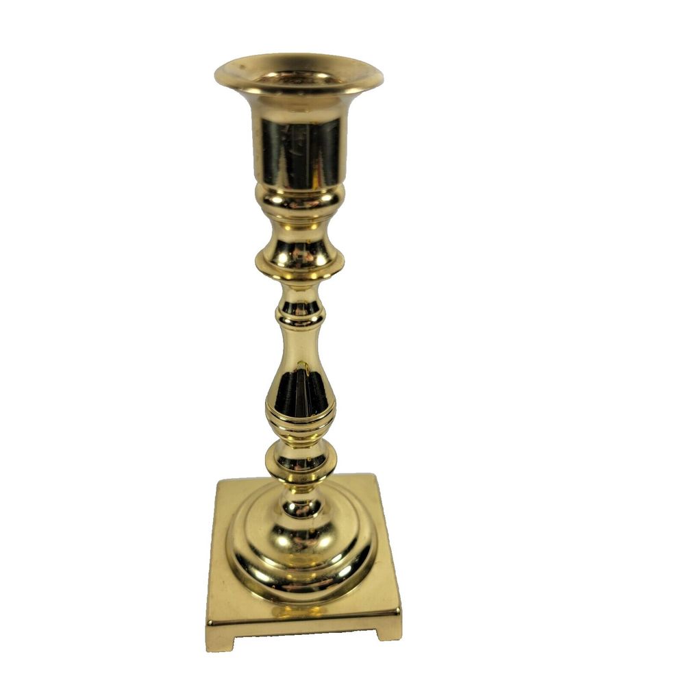 Vintage Polished Brass Candlestick Holder With Square Base 7 1/4 in MCM Decor